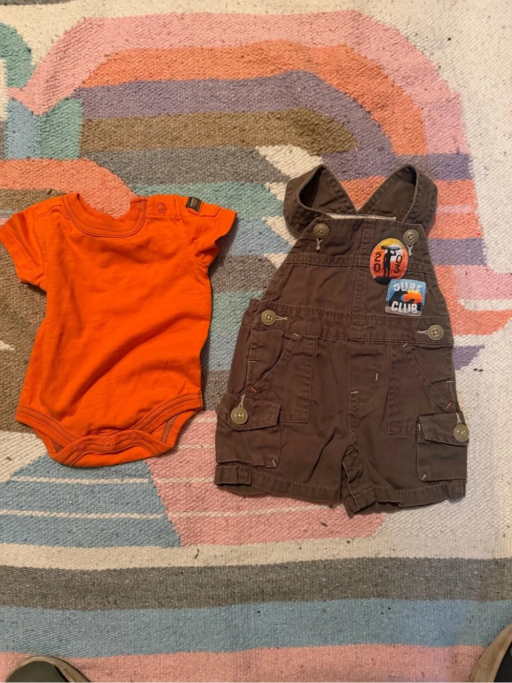 OshKosh B'gosh Baby NB Green Cotton Canvas Shortall Overalls Surf Patch Pockets